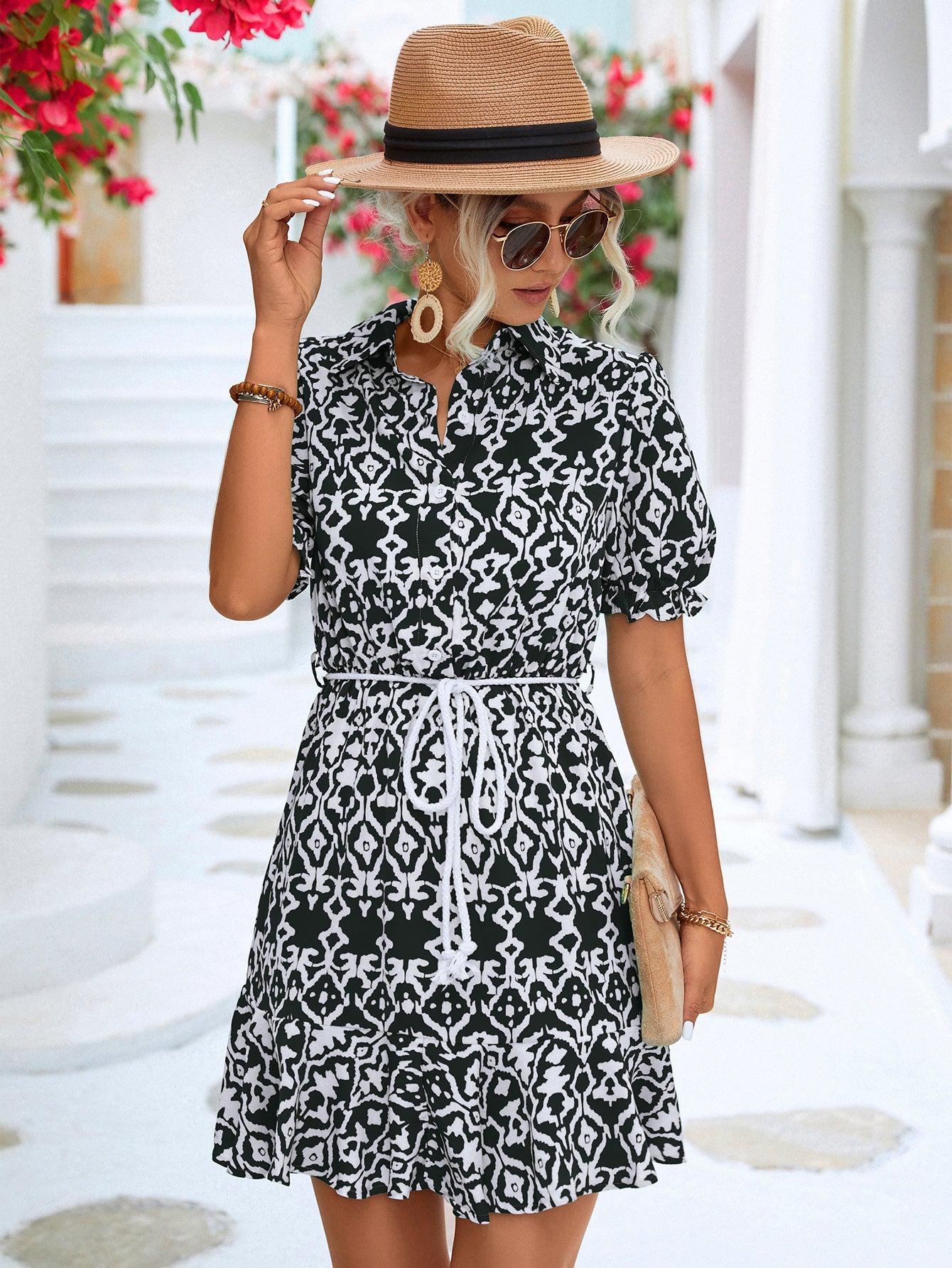 Printed Tie Waist Collared Flounce Sleeve Dress BLUE ZONE PLANET