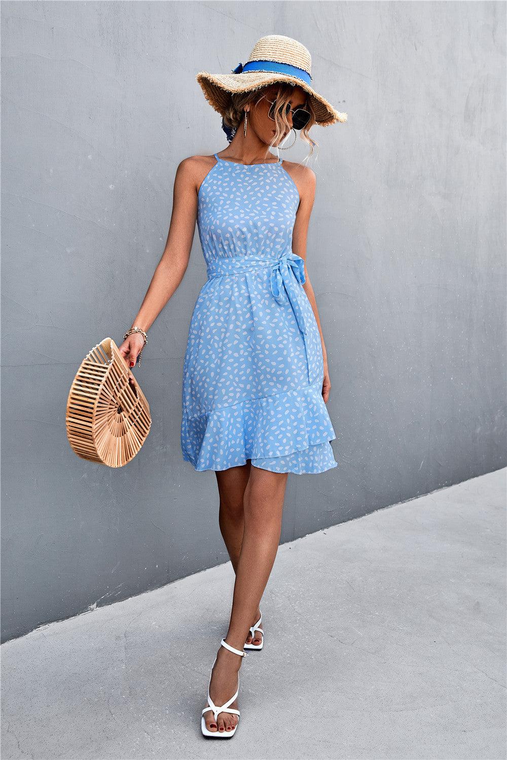 Printed Tie Waist Ruffle Hem Sleeveless Dress BLUE ZONE PLANET