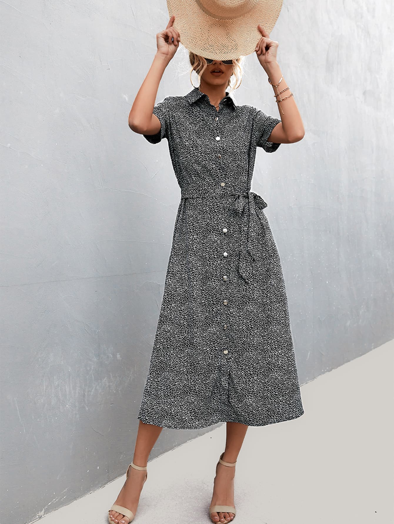 Printed Tie Waist Short Sleeve Shirt Dress BLUE ZONE PLANET