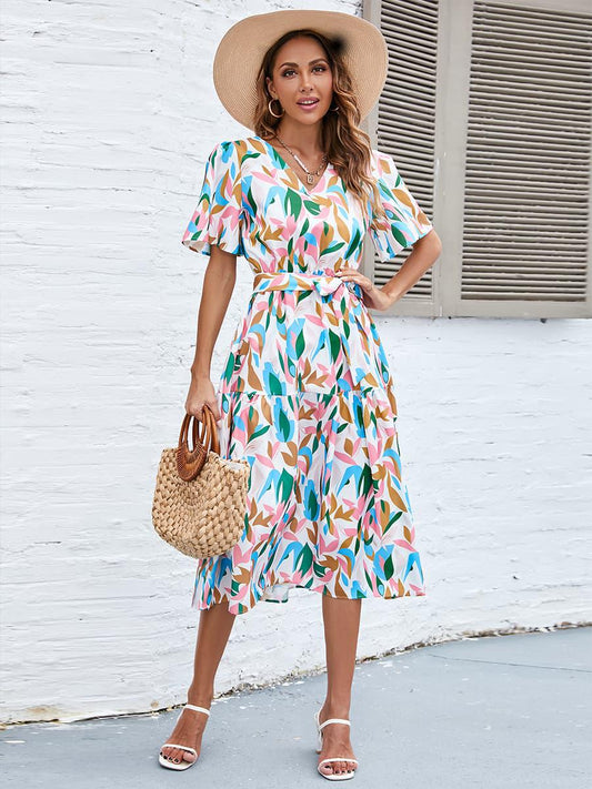 Printed Tie-Waist V-Neck Flutter Sleeve Dress BLUE ZONE PLANET