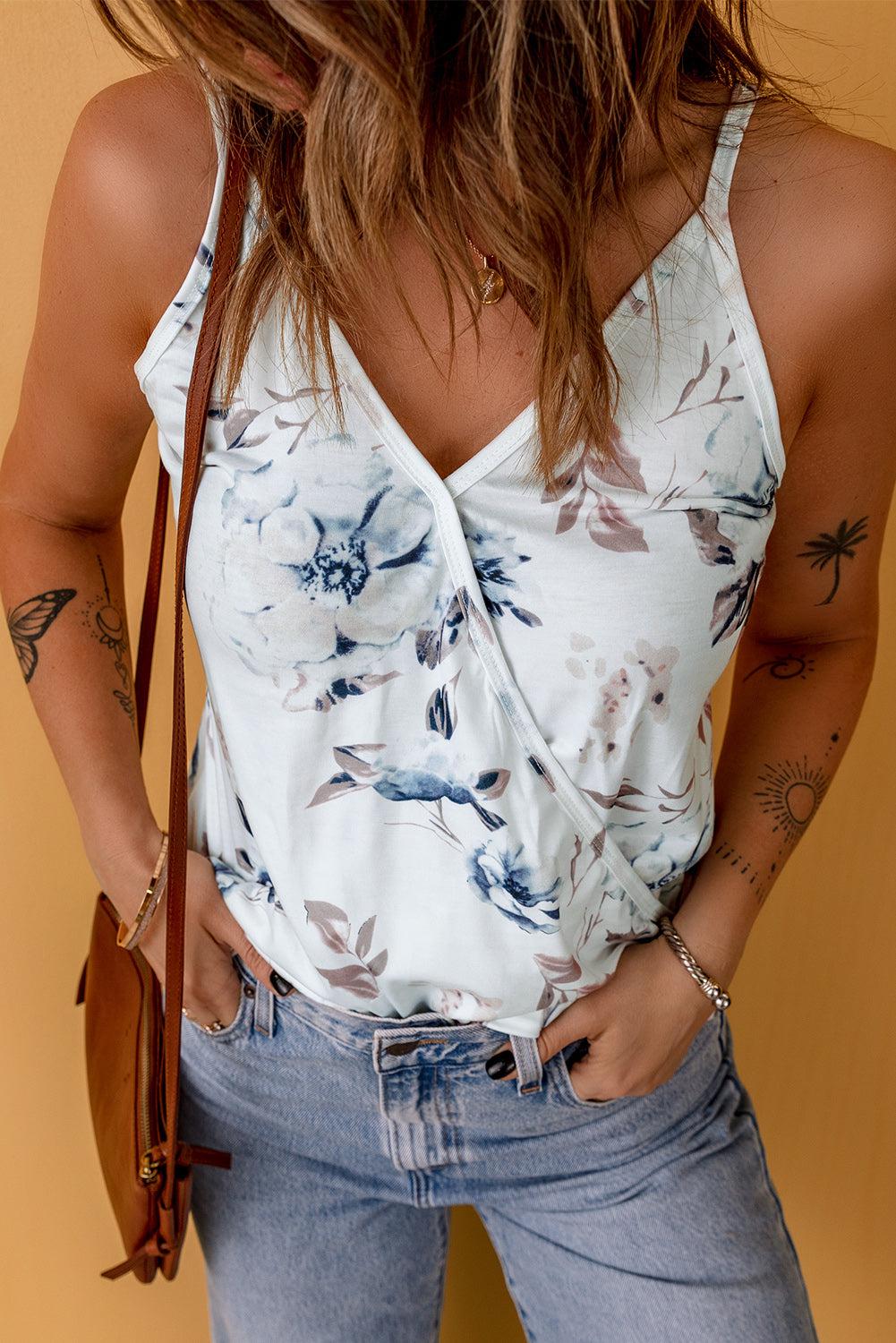 Printed V-Neck Adjustable Strap Cami Top BLUE ZONE PLANET