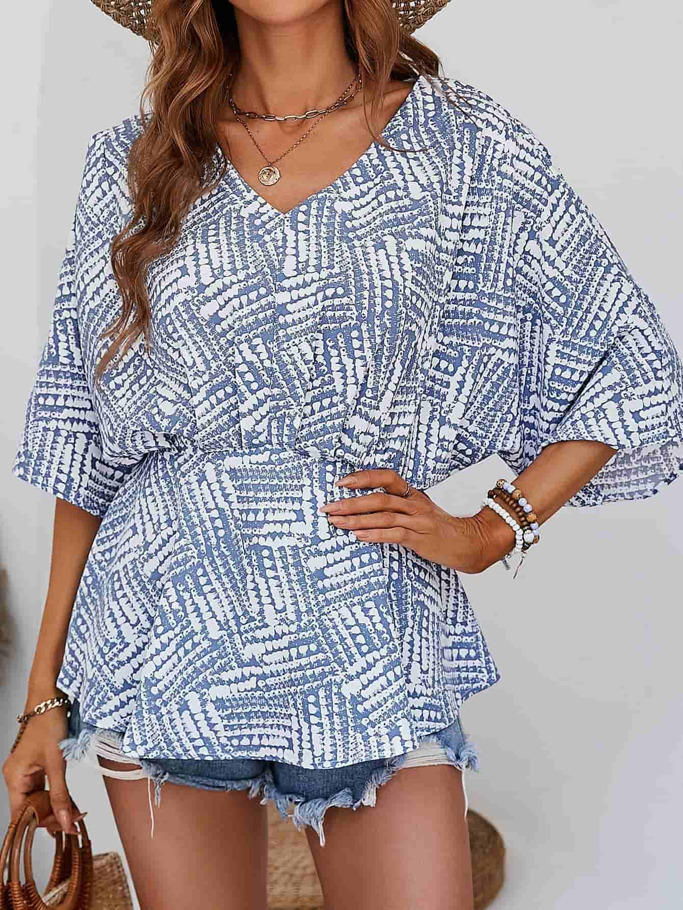 Printed V-Neck Dolman Sleeve Blouse BLUE ZONE PLANET