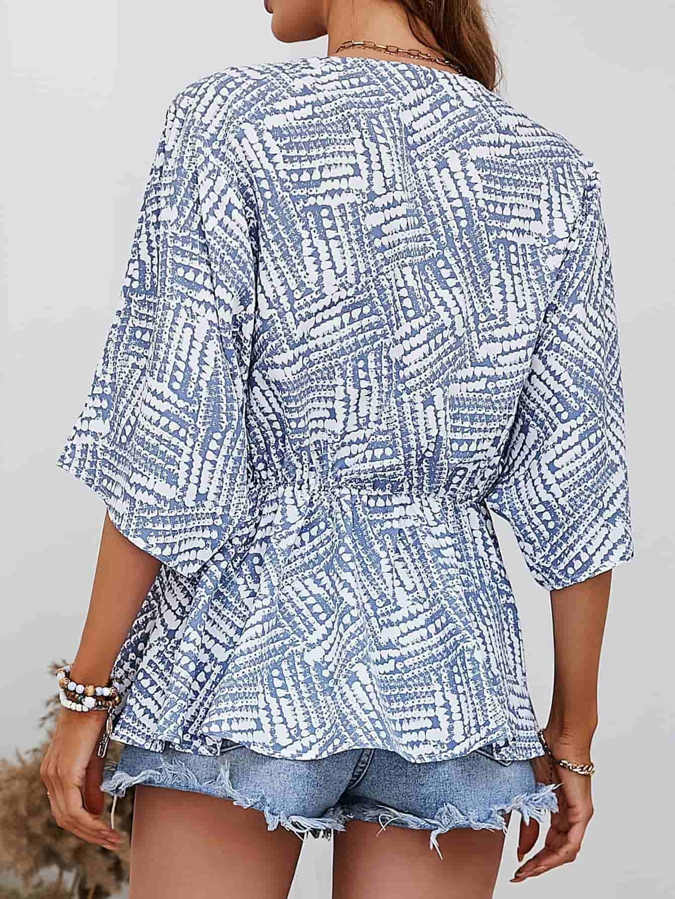 Printed V-Neck Dolman Sleeve Blouse BLUE ZONE PLANET