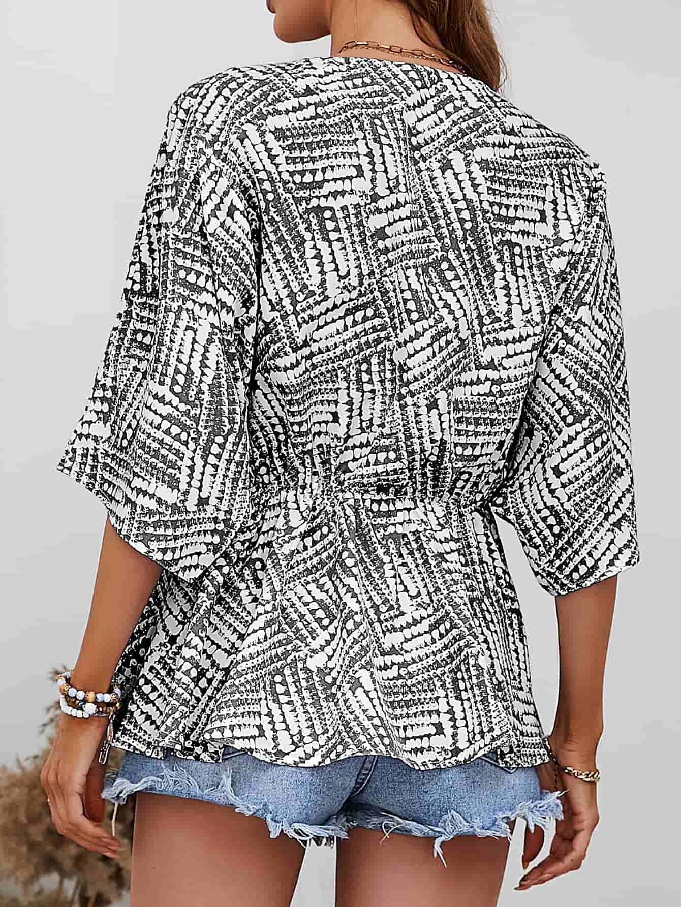 Printed V-Neck Dolman Sleeve Blouse BLUE ZONE PLANET