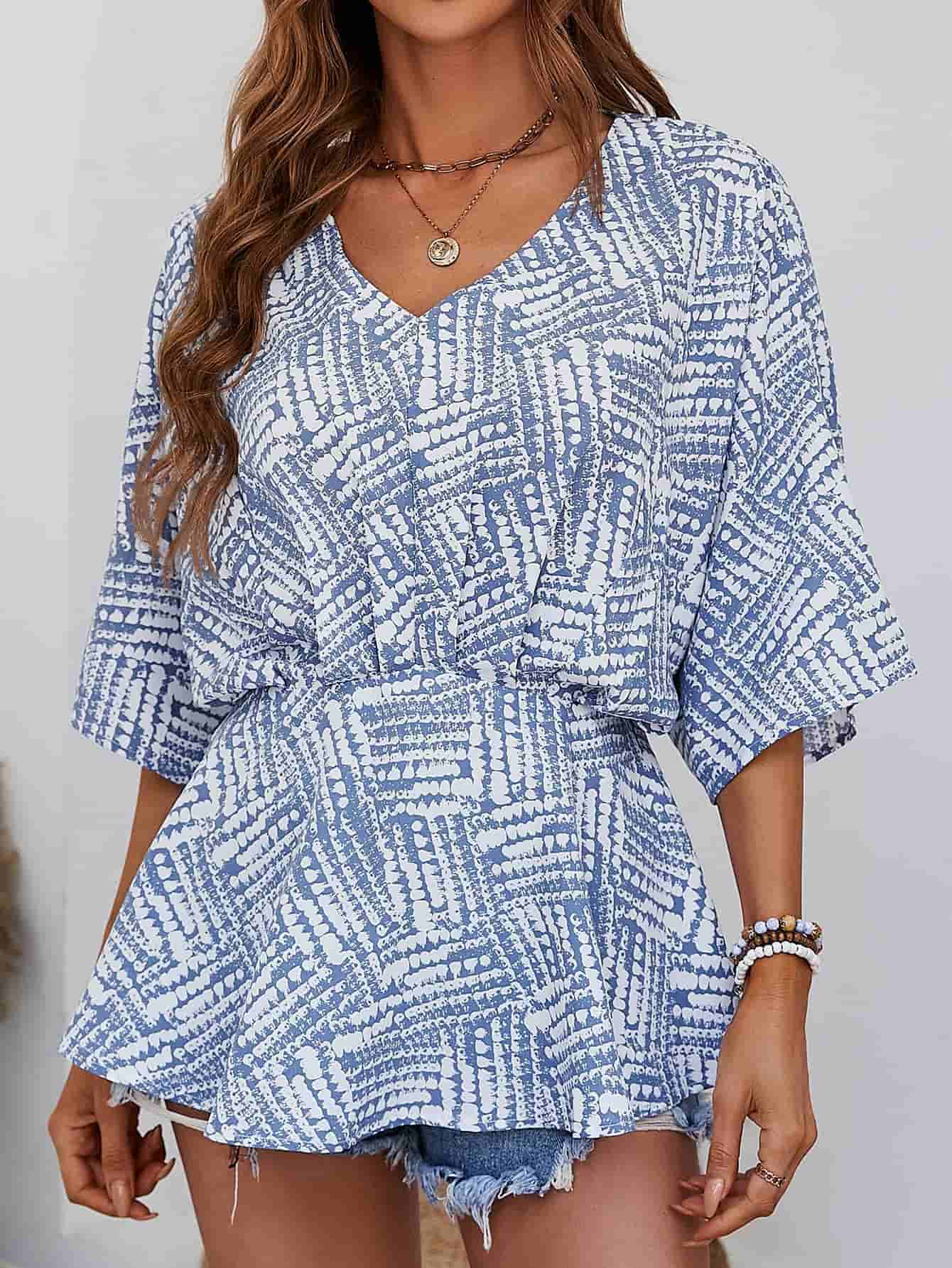 Printed V-Neck Dolman Sleeve Blouse BLUE ZONE PLANET