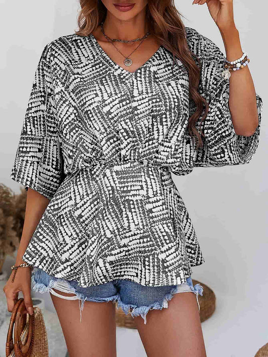 Printed V-Neck Dolman Sleeve Blouse BLUE ZONE PLANET