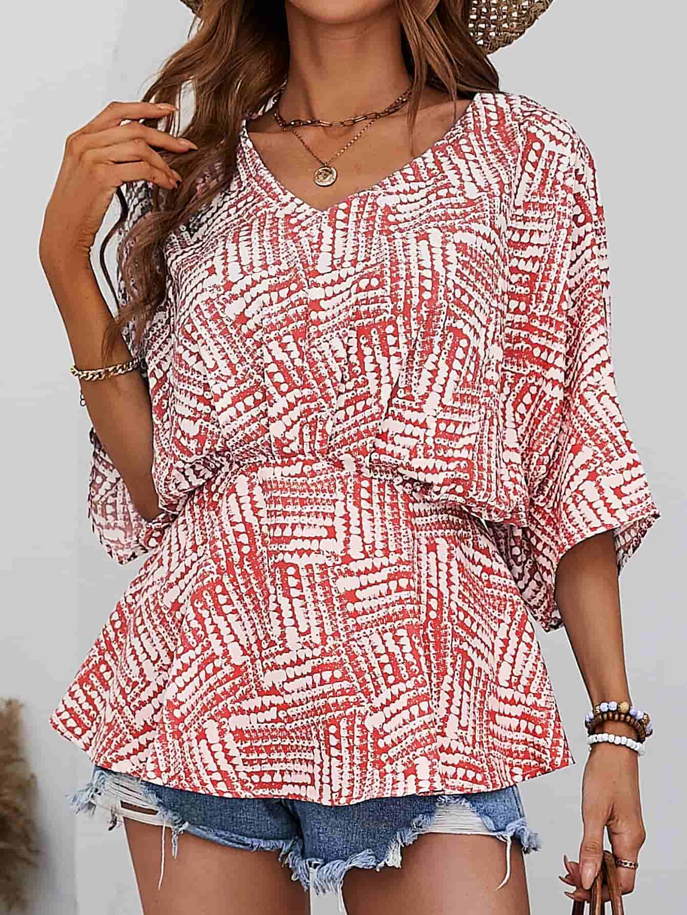 Printed V-Neck Dolman Sleeve Blouse BLUE ZONE PLANET