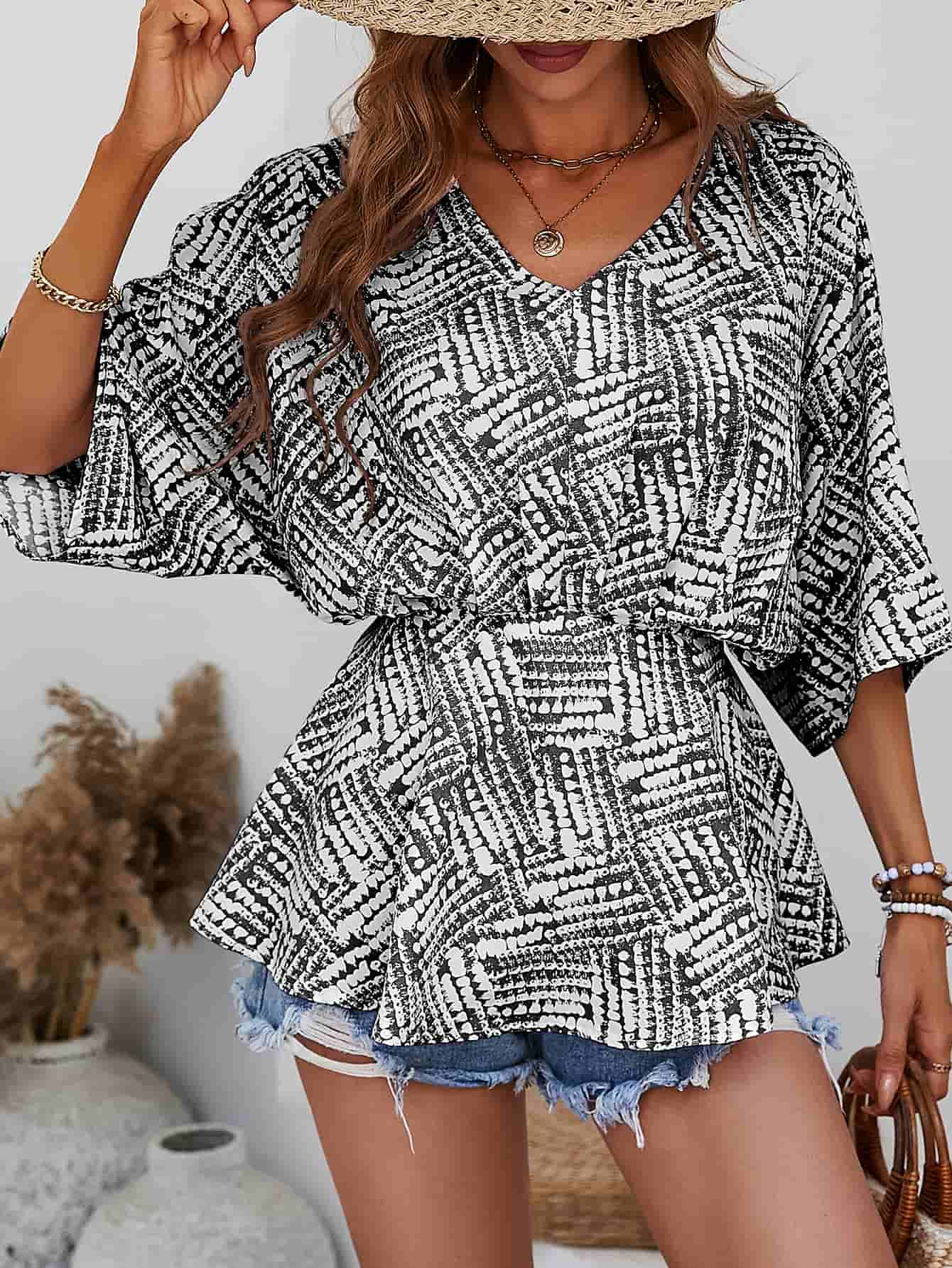 Printed V-Neck Dolman Sleeve Blouse BLUE ZONE PLANET