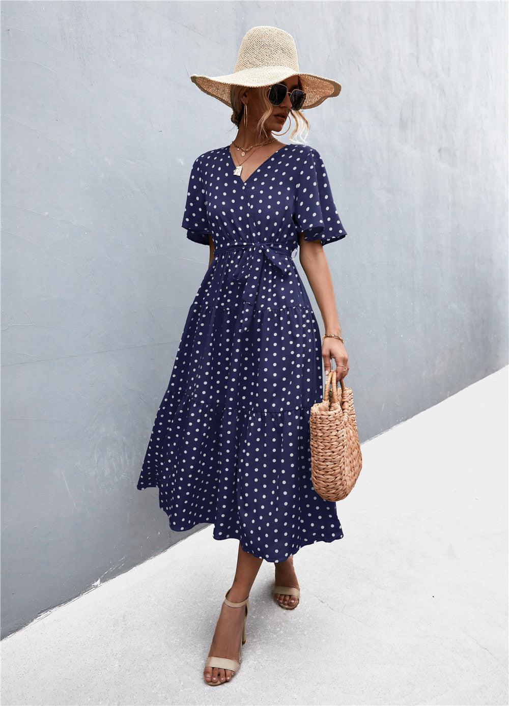 Printed V-Neck Flutter Sleeve Belted Midi Dress BLUE ZONE PLANET