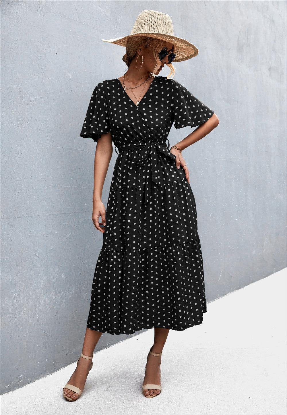 Printed V-Neck Flutter Sleeve Belted Midi Dress BLUE ZONE PLANET