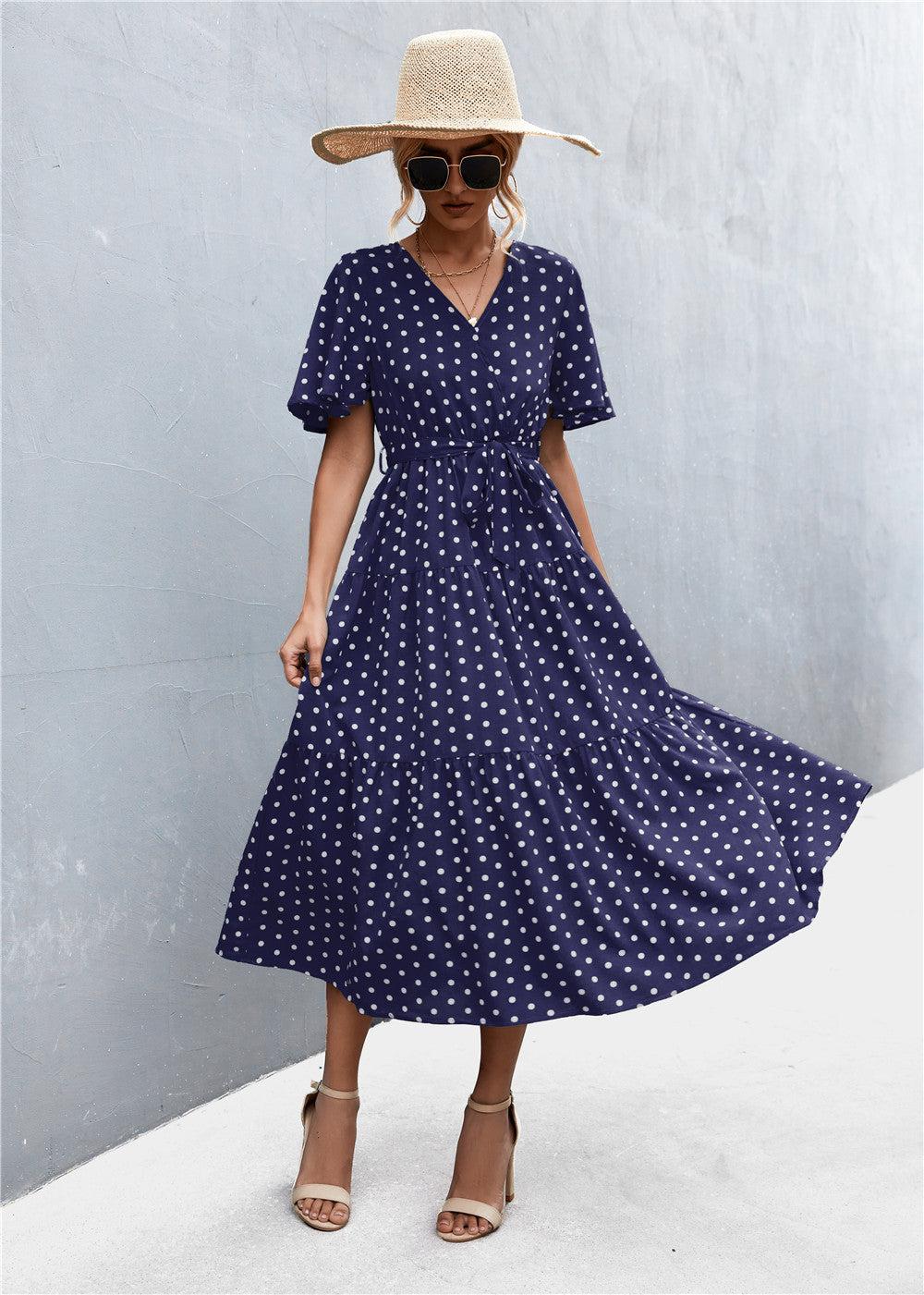 Printed V-Neck Flutter Sleeve Belted Midi Dress BLUE ZONE PLANET