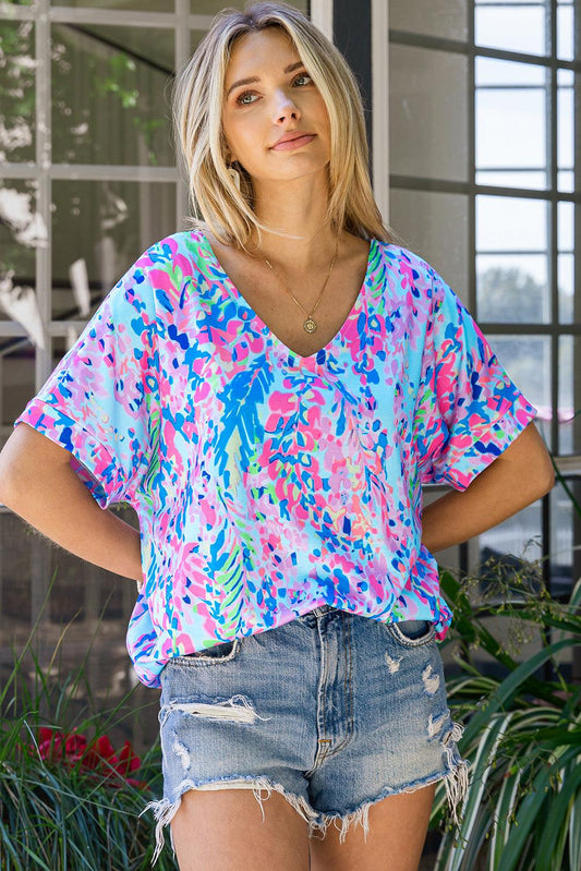 Printed V-Neck Tee Shirt BLUE ZONE PLANET
