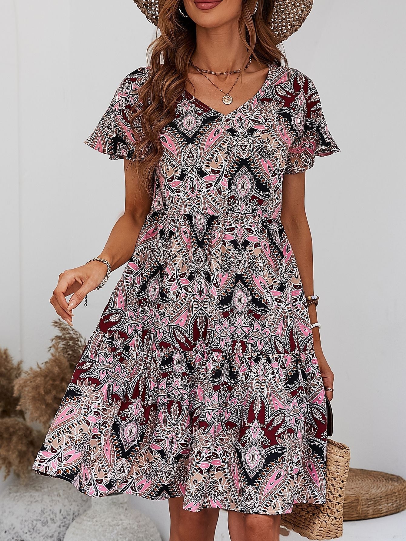 Printed V-Neck Tiered Dress BLUE ZONE PLANET