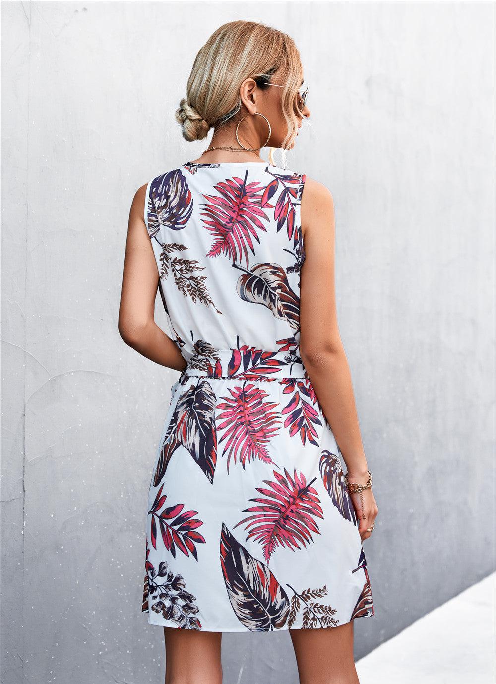 Printed Zip Detail Belted Sleeveless Dress BLUE ZONE PLANET