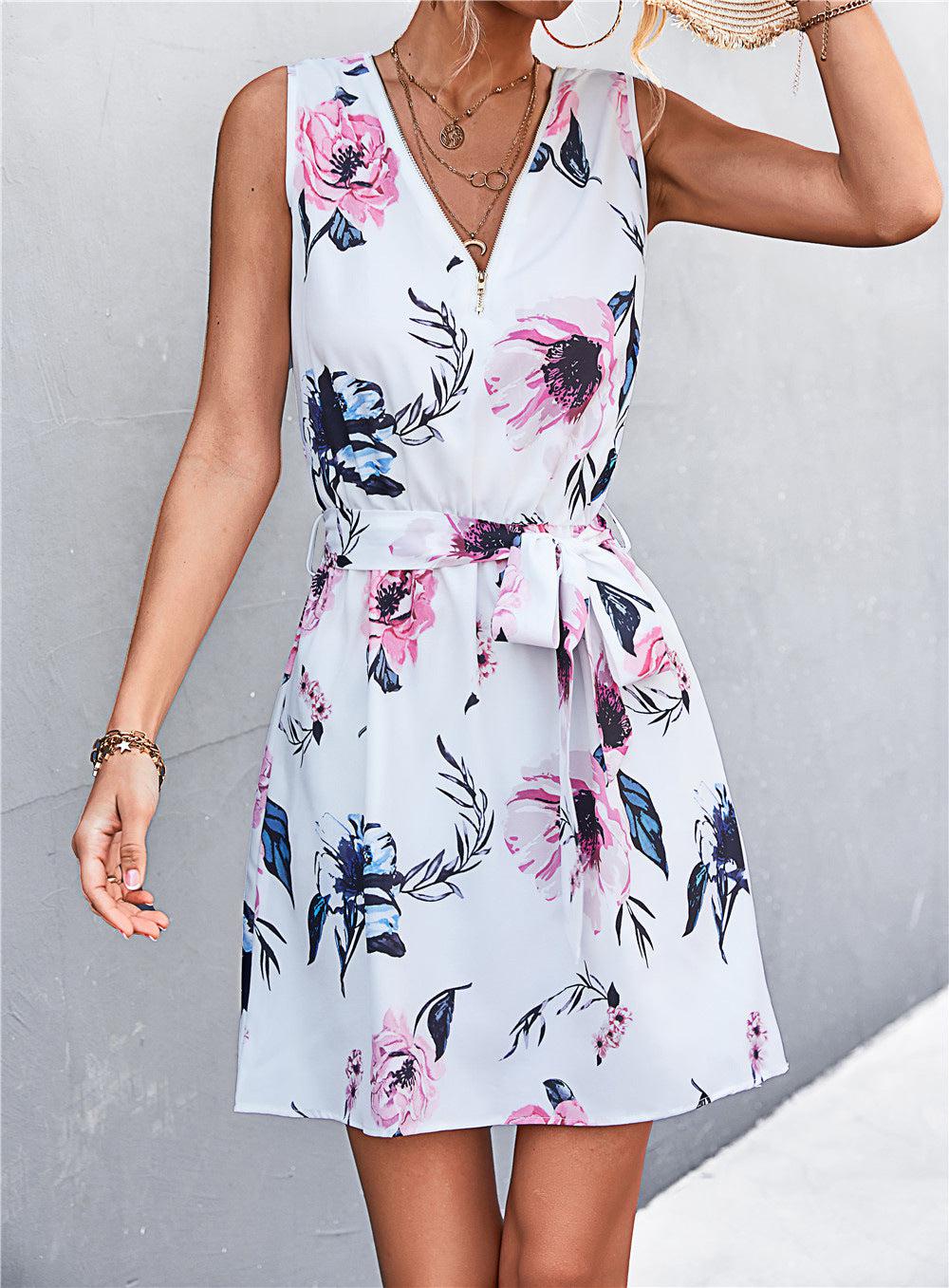 Printed Zip Detail Belted Sleeveless Dress BLUE ZONE PLANET