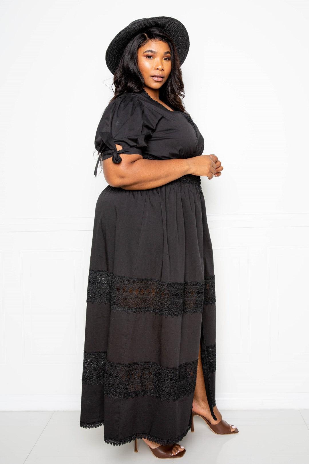 Puff Sleeve Maxi Dress With Lace Insert Blue Zone Planet
