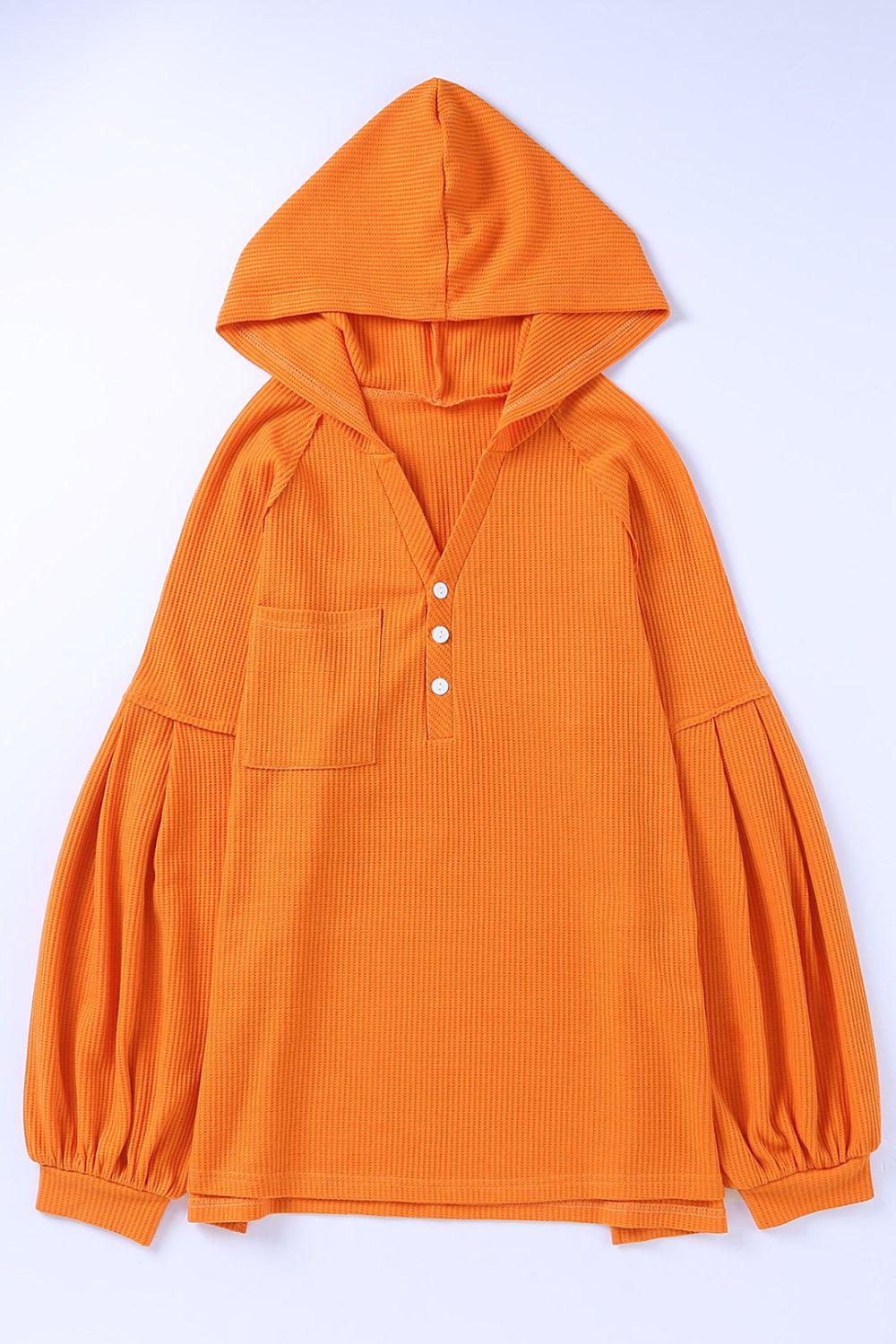 Puff Sleeve Side Slit Buttoned Waffle Knit Hoodie-TOPS / DRESSES-[Adult]-[Female]-Orange-S-2022 Online Blue Zone Planet