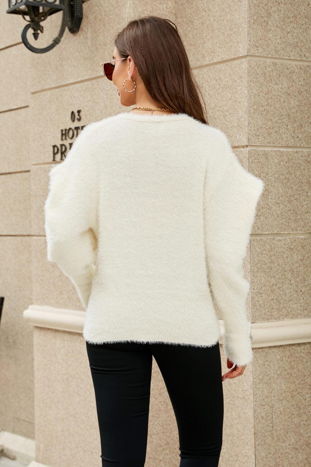 Puff Sleeve V-Neck Fuzzy Cardigan BLUE ZONE PLANET