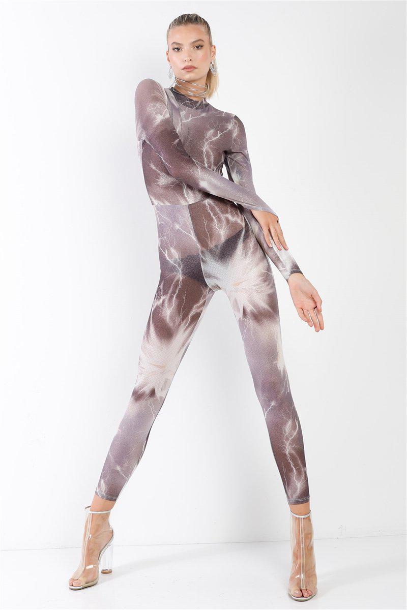 Purple-grey Lightning Print Mock Neck Long Sleeve With Finger Loop Fitted Catsuit /jumpsuit Blue Zone Planet