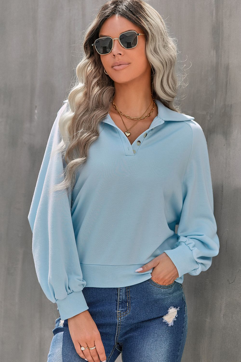 Quarter-Button Collared Sweatshirt-TOPS / DRESSES-[Adult]-[Female]-Blue Zone Planet