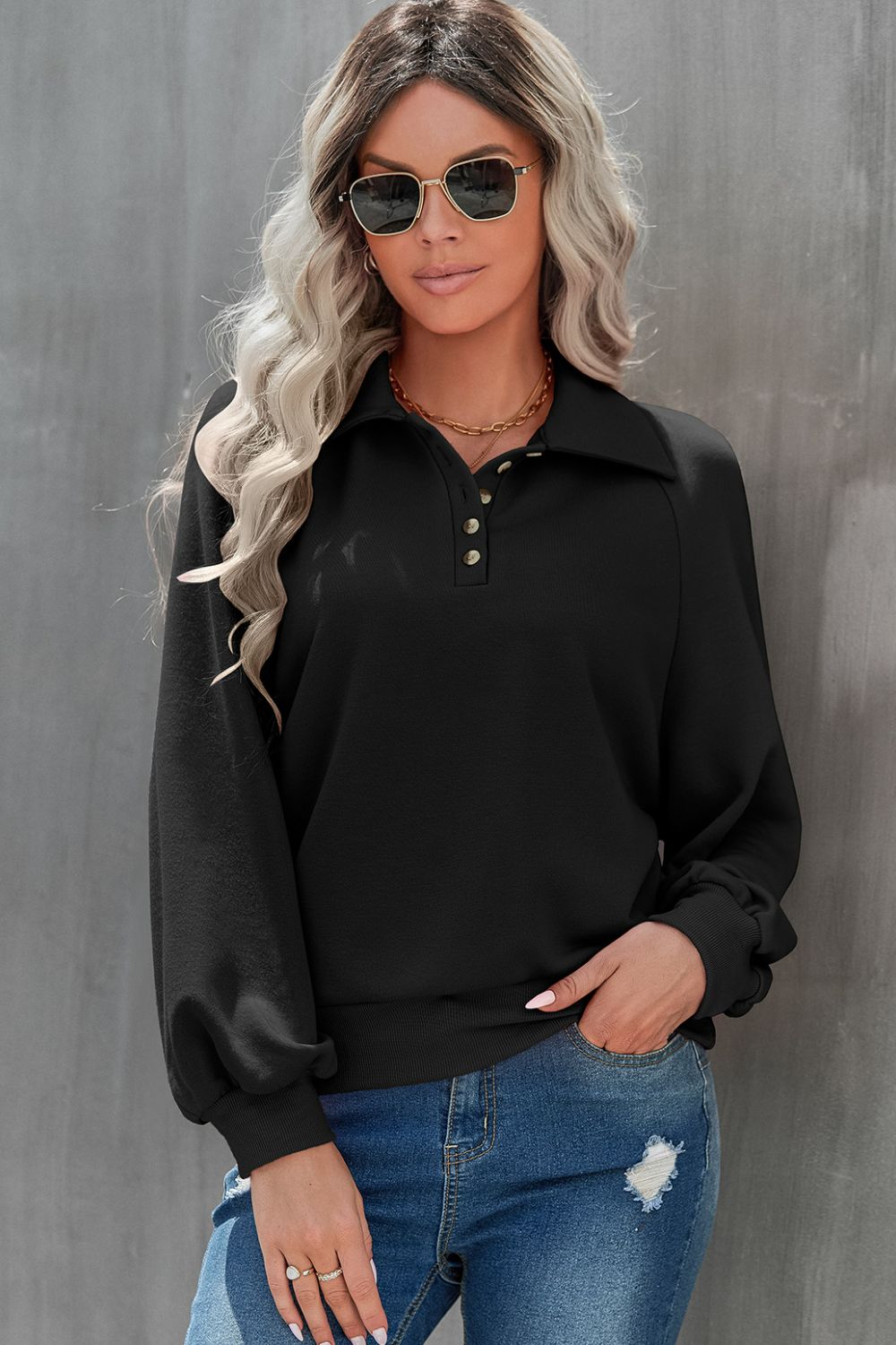 Quarter-Button Collared Sweatshirt-TOPS / DRESSES-[Adult]-[Female]-Black-S-Blue Zone Planet