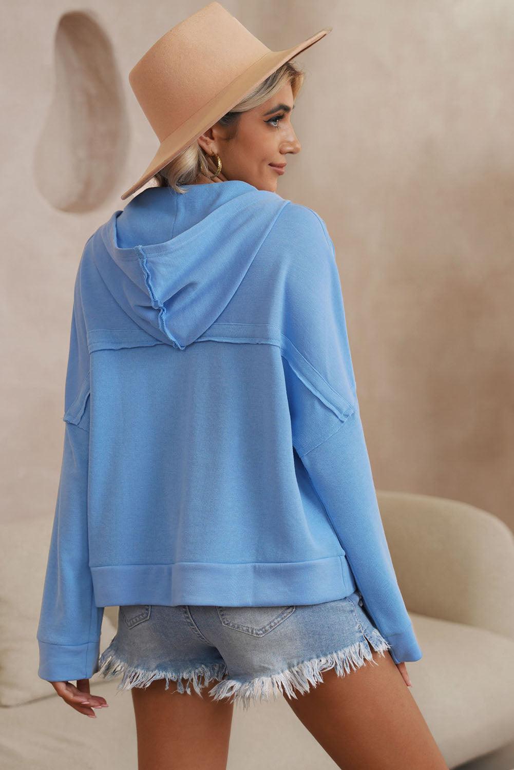 Quarter-Button Exposed Seam Dropped Shoulder Hoodie BLUE ZONE PLANET