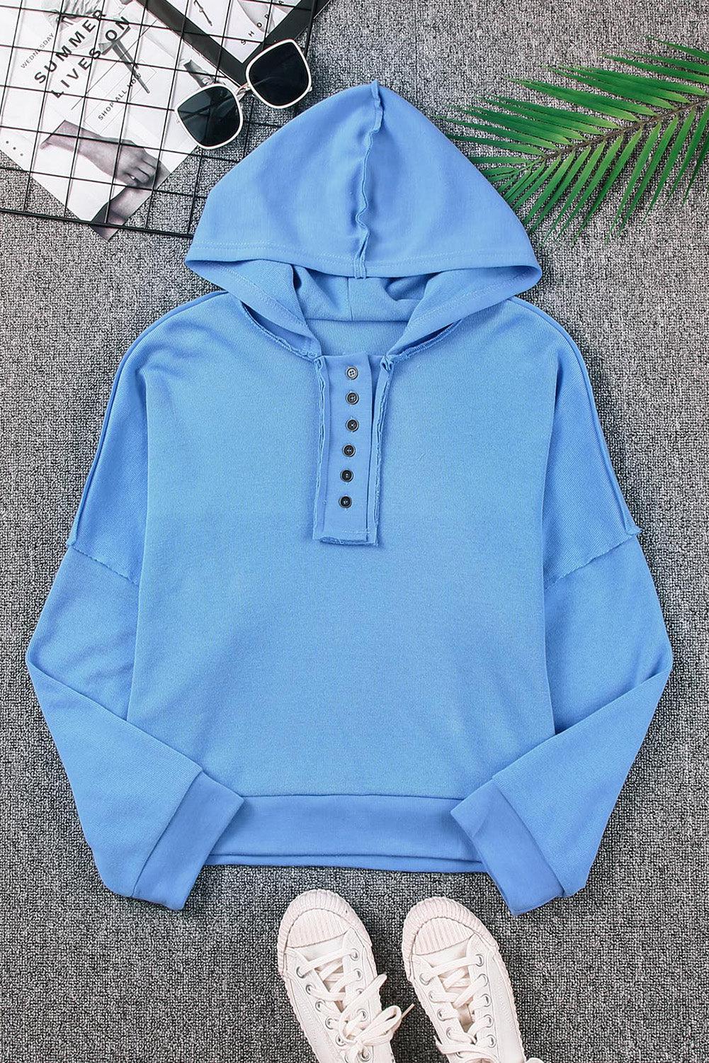 Quarter-Button Exposed Seam Dropped Shoulder Hoodie BLUE ZONE PLANET