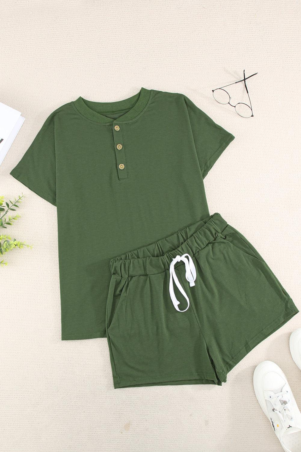Quarter Button Short Sleeve Top and Shorts Lounge Set-TOPS / DRESSES-[Adult]-[Female]-Green-S-2022 Online Blue Zone Planet