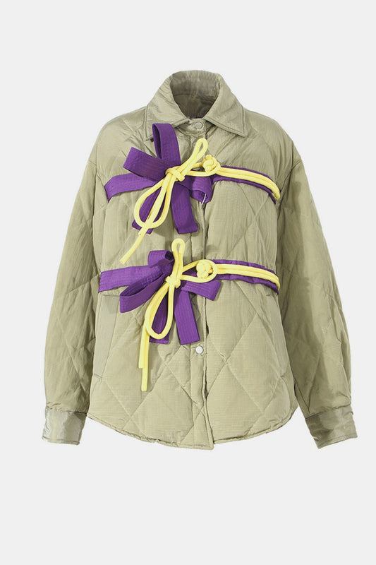 Quilted Puffer Shirt Jacket with Bow Detail BLUE ZONE PLANET