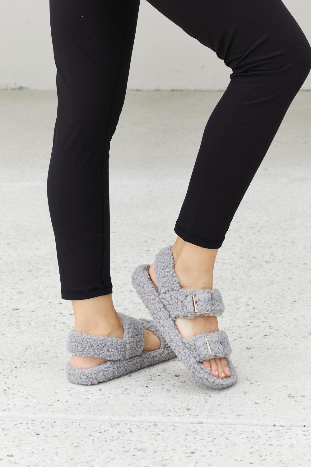 Qupid Cozy Atmosphere Faux Fur Buckled Sandals in Grey-SHOES-[Adult]-[Female]-Blue Zone Planet