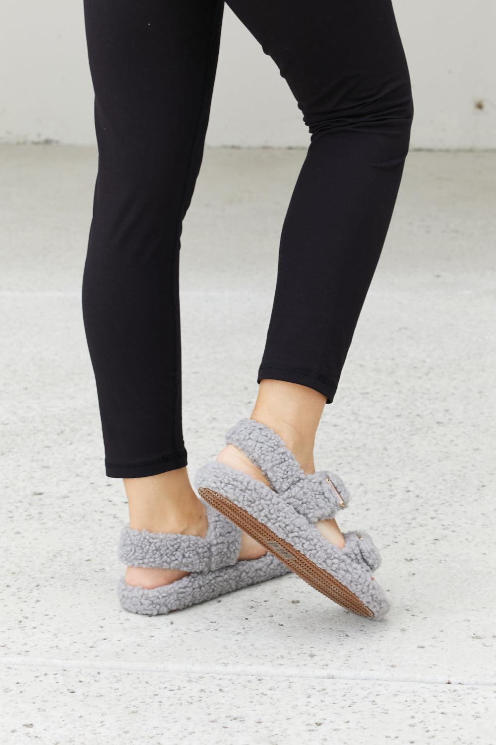 Qupid Cozy Atmosphere Faux Fur Buckled Sandals in Grey-SHOES-[Adult]-[Female]-Blue Zone Planet