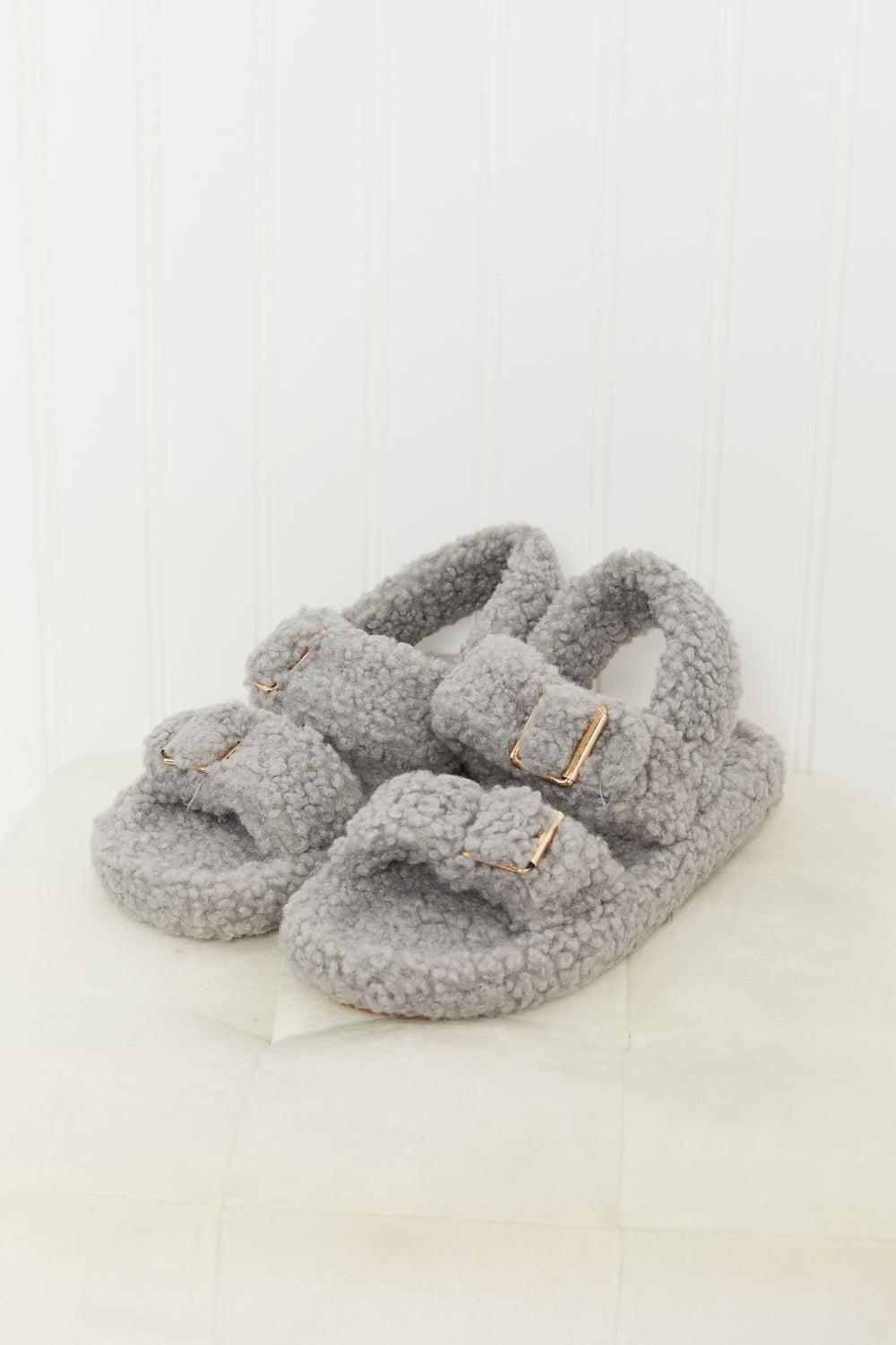 Qupid Cozy Atmosphere Faux Fur Buckled Sandals in Grey-SHOES-[Adult]-[Female]-Blue Zone Planet