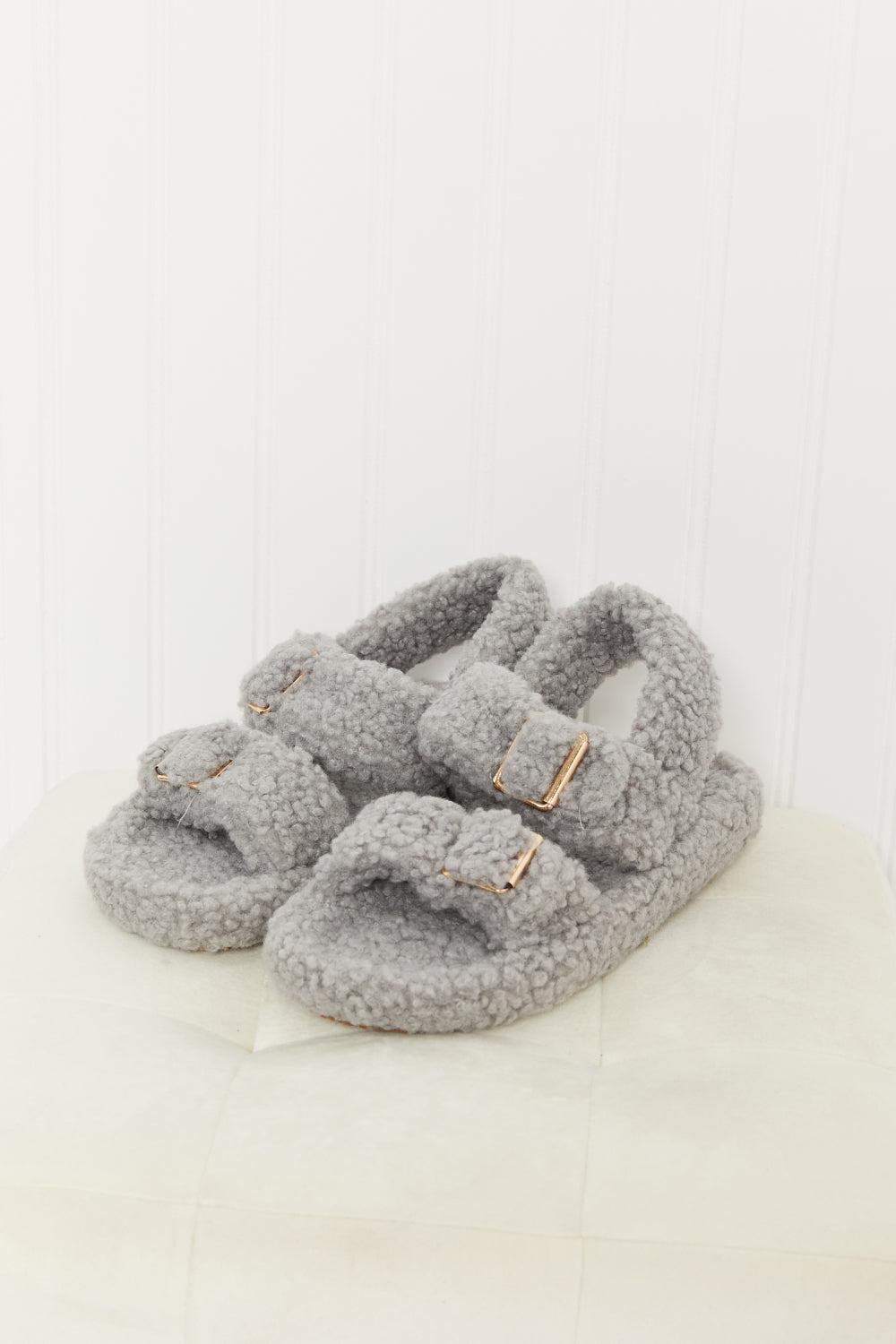 Qupid Cozy Atmosphere Faux Fur Buckled Sandals in Grey-SHOES-[Adult]-[Female]-Blue Zone Planet