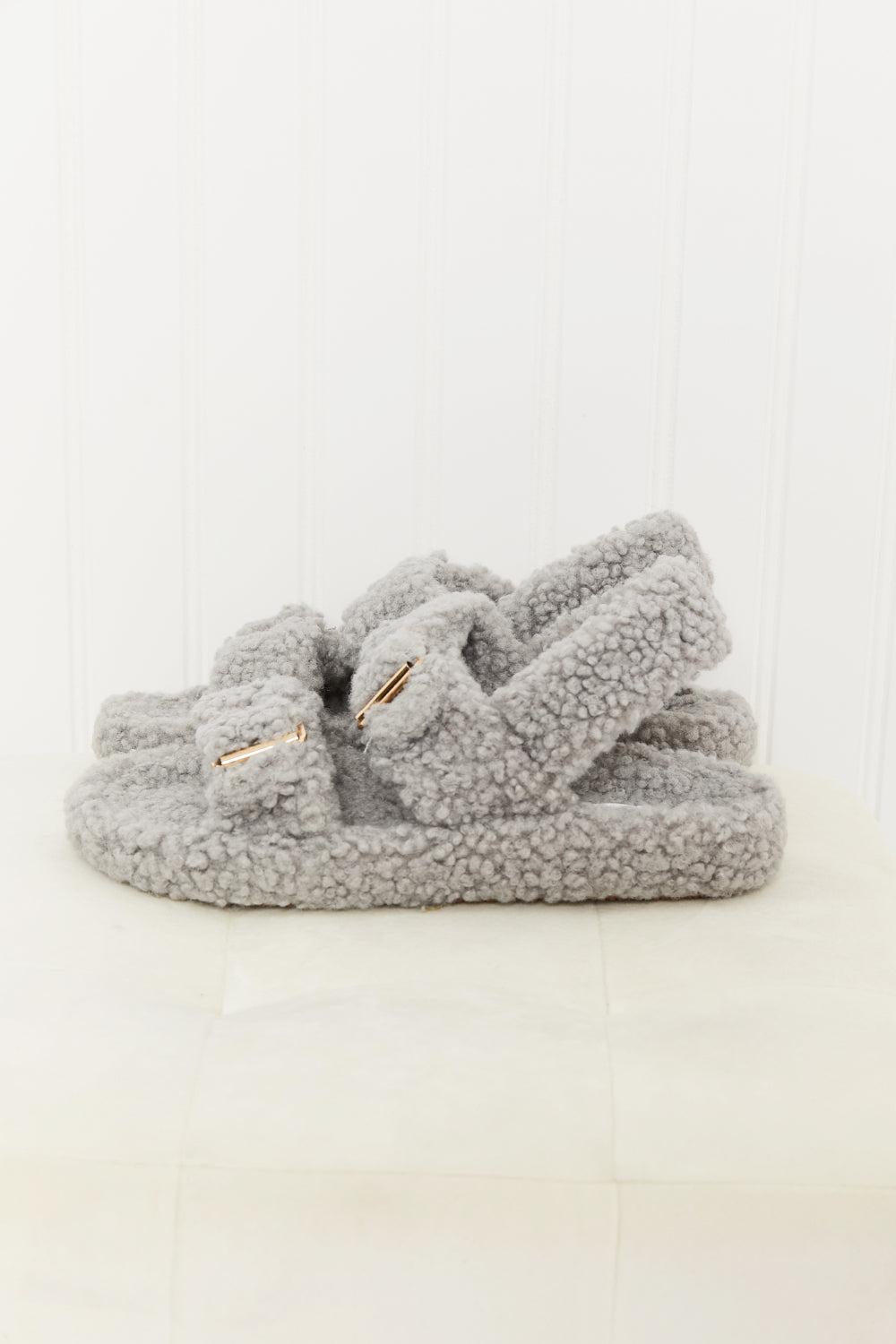Qupid Cozy Atmosphere Faux Fur Buckled Sandals in Grey-SHOES-[Adult]-[Female]-Blue Zone Planet