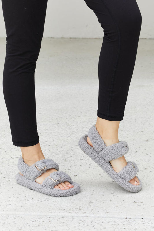 Qupid Cozy Atmosphere Faux Fur Buckled Sandals in Grey-SHOES-[Adult]-[Female]-Grey-6-Blue Zone Planet