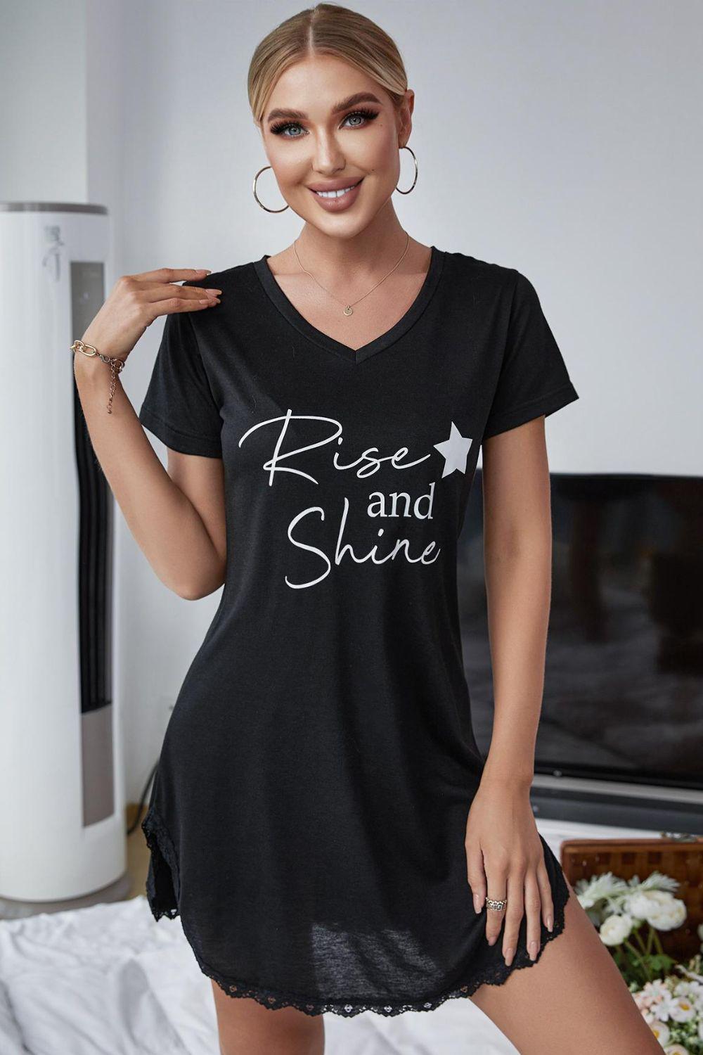 RISE AND SHINE Contrast Lace V-Neck T-Shirt Dress-TOPS / DRESSES-[Adult]-[Female]-Black-S-2022 Online Blue Zone Planet