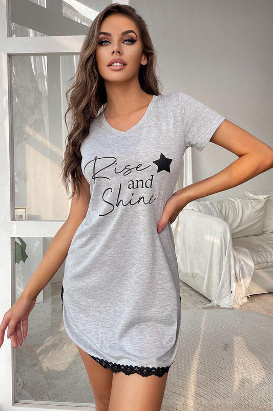 RISE AND SHINE Contrast Lace V-Neck T-Shirt Dress-TOPS / DRESSES-[Adult]-[Female]-Gray-S-2022 Online Blue Zone Planet