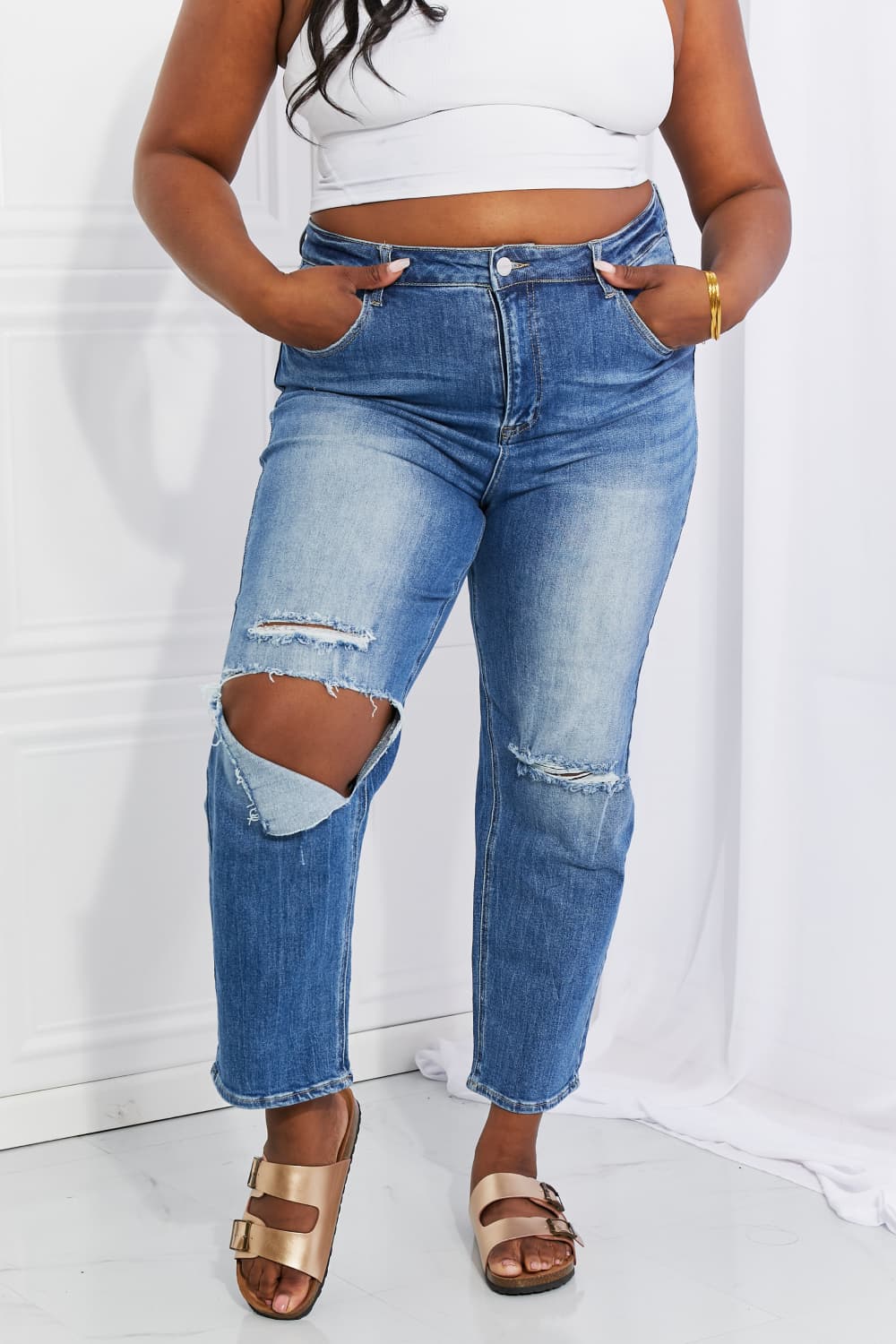 RISEN Full Size Emily High Rise Relaxed Jeans BLUE ZONE PLANET