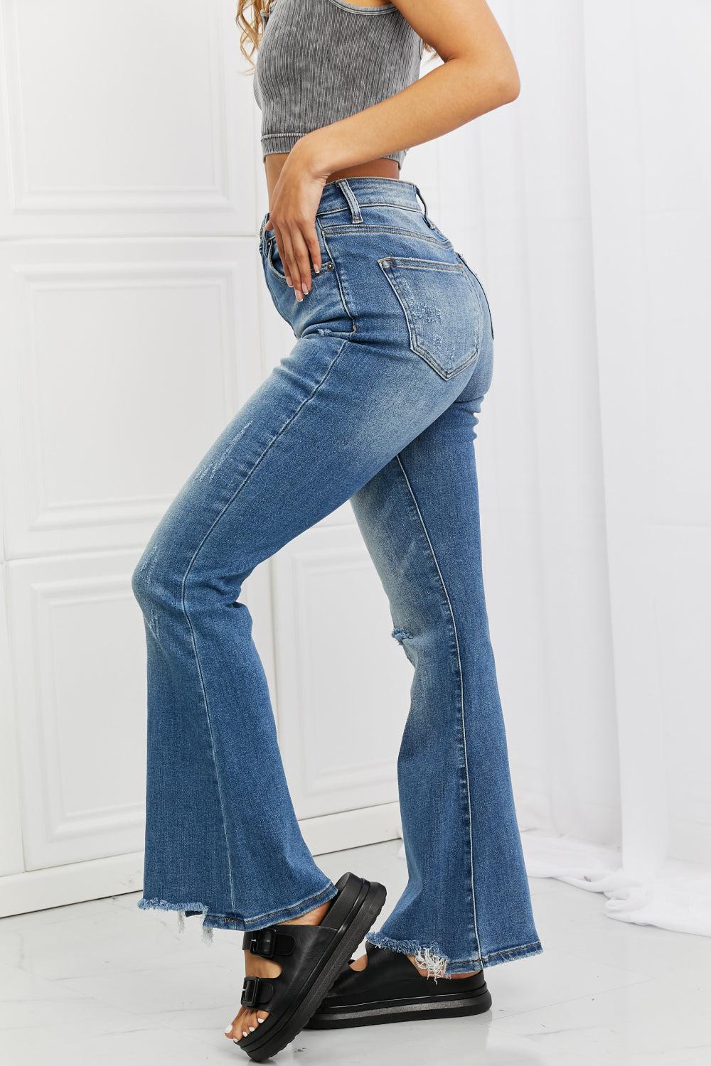 RISEN Full Size Iris High Waisted Flare Jeans BLUE ZONE PLANET