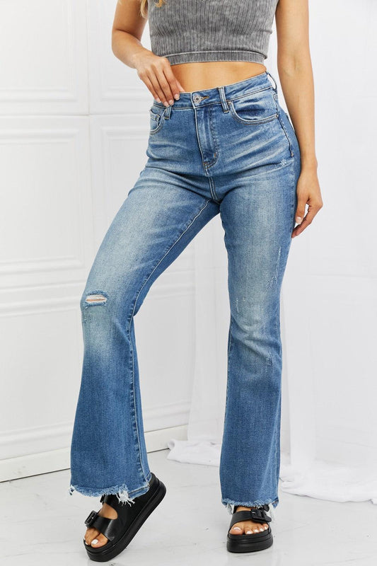 RISEN Full Size Iris High Waisted Flare Jeans BLUE ZONE PLANET