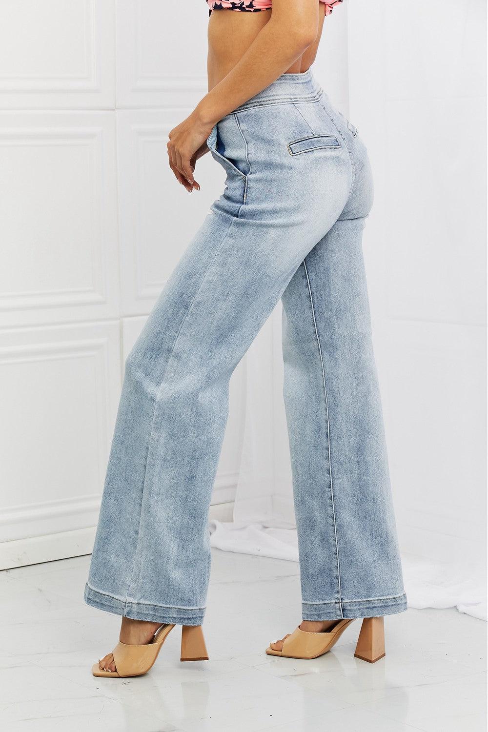 RISEN Full Size Luisa Wide Flare Jeans BLUE ZONE PLANET