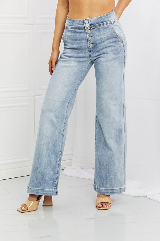 RISEN Full Size Luisa Wide Flare Jeans BLUE ZONE PLANET