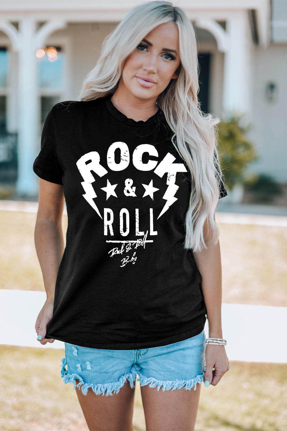 ROCK & ROLL Graphic Round Neck Short Sleeve Tee BLUE ZONE PLANET