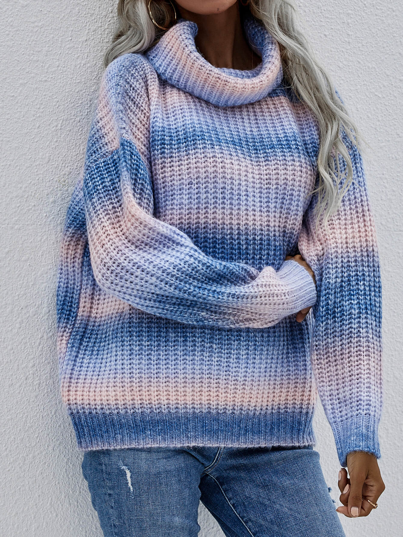 Rainbow Rib-Knit Turtleneck Drop Shoulder Sweater BLUE ZONE PLANET