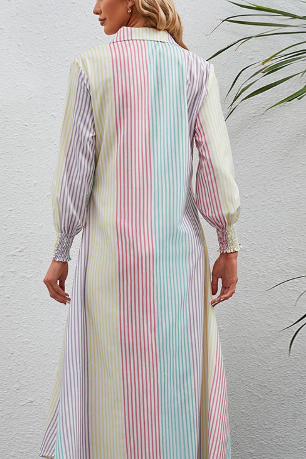 Rainbow Stripe Button-Up Maxi Shirt Dress BLUE ZONE PLANET