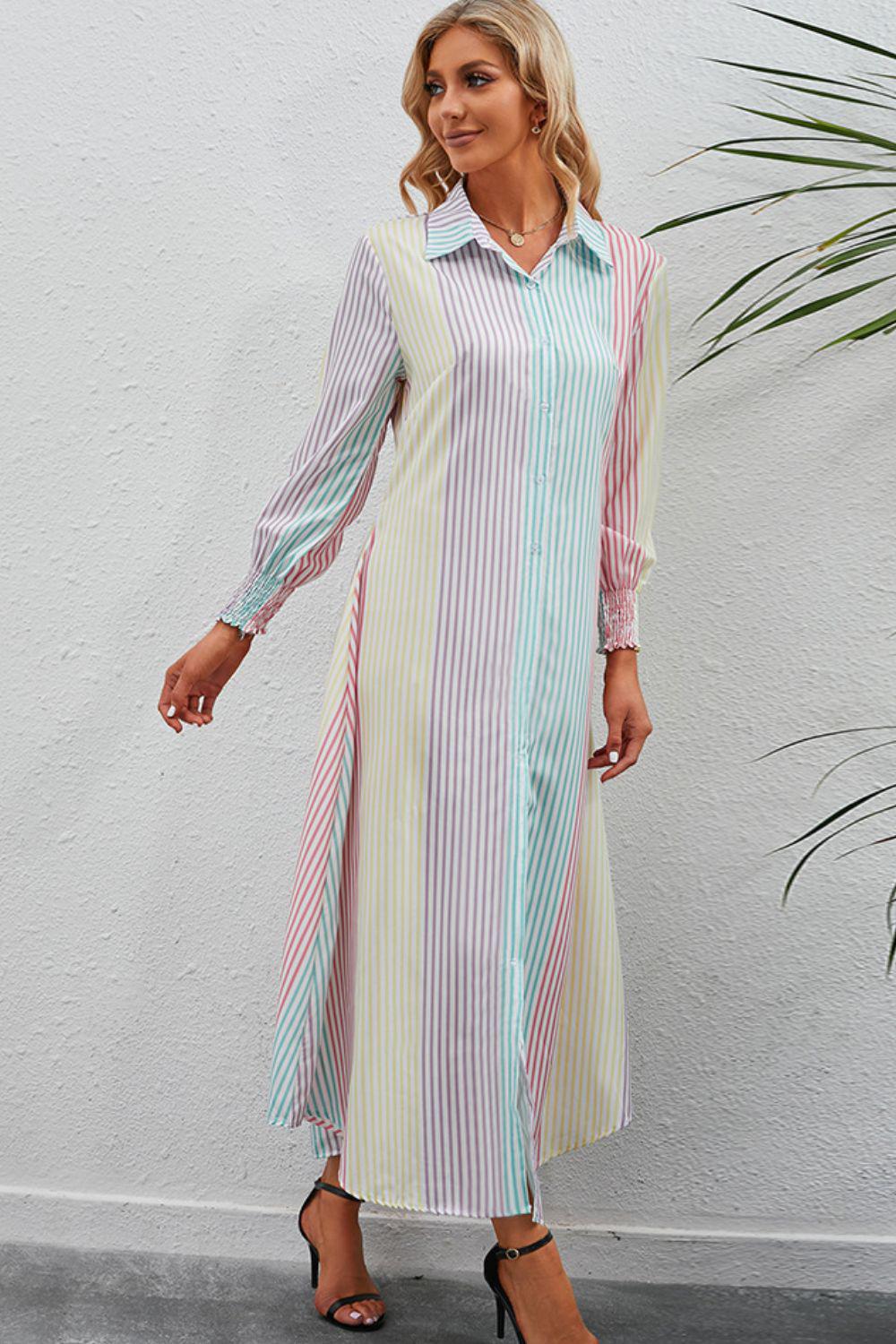 Rainbow Stripe Button-Up Maxi Shirt Dress BLUE ZONE PLANET