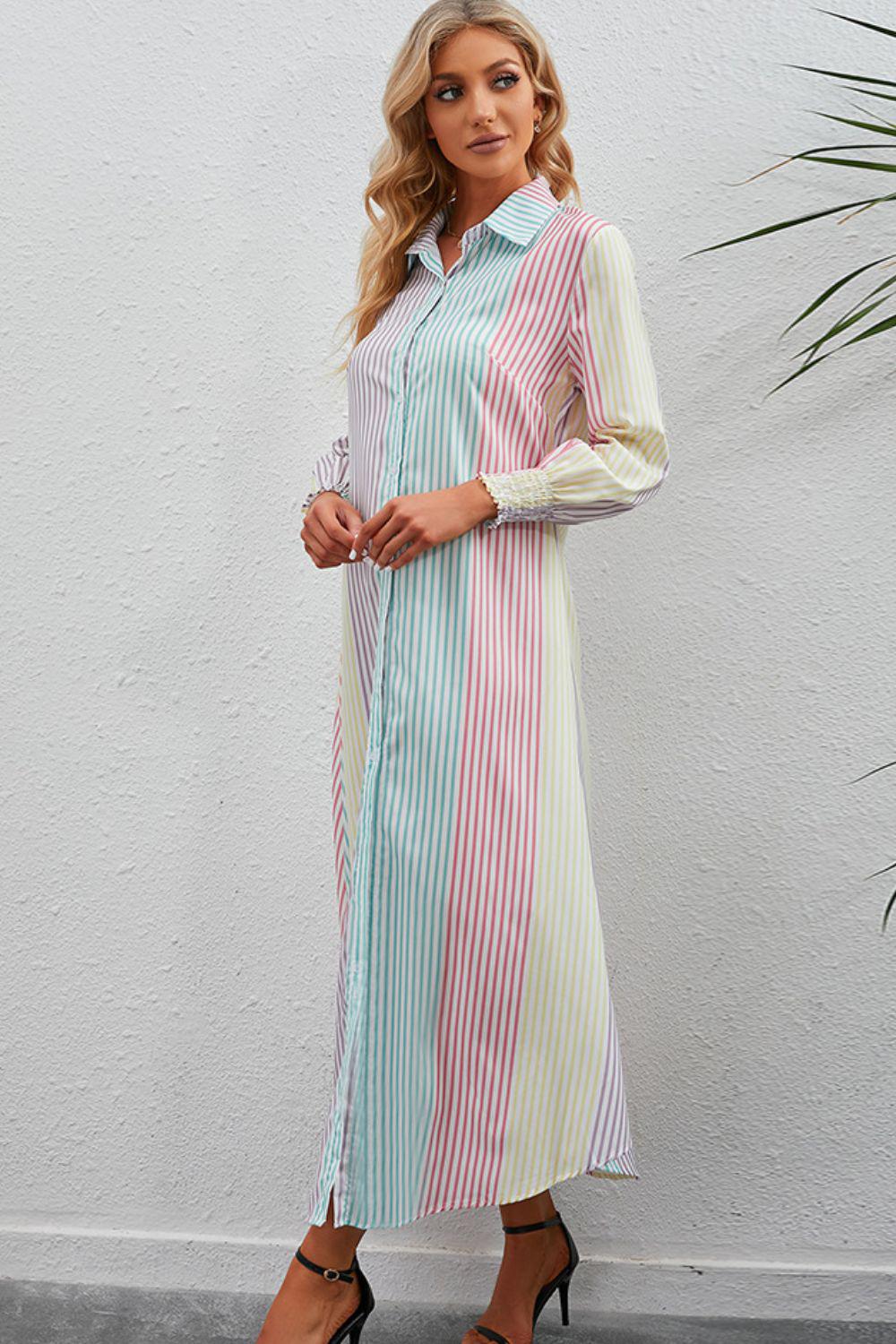 Rainbow Stripe Button-Up Maxi Shirt Dress BLUE ZONE PLANET