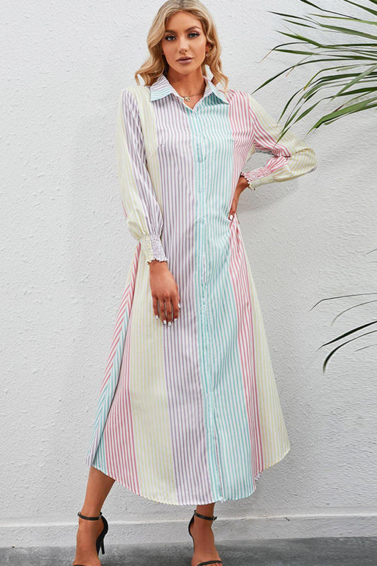Rainbow Stripe Button-Up Maxi Shirt Dress BLUE ZONE PLANET