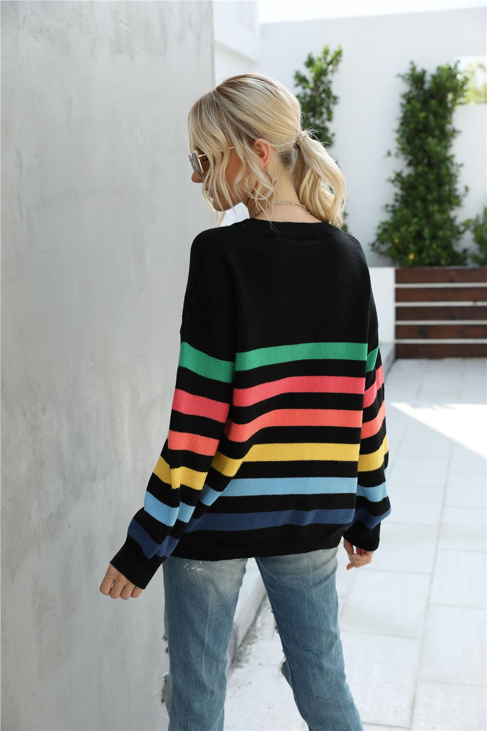 Rainbow Stripe Dropped Shoulder Sweater BLUE ZONE PLANET