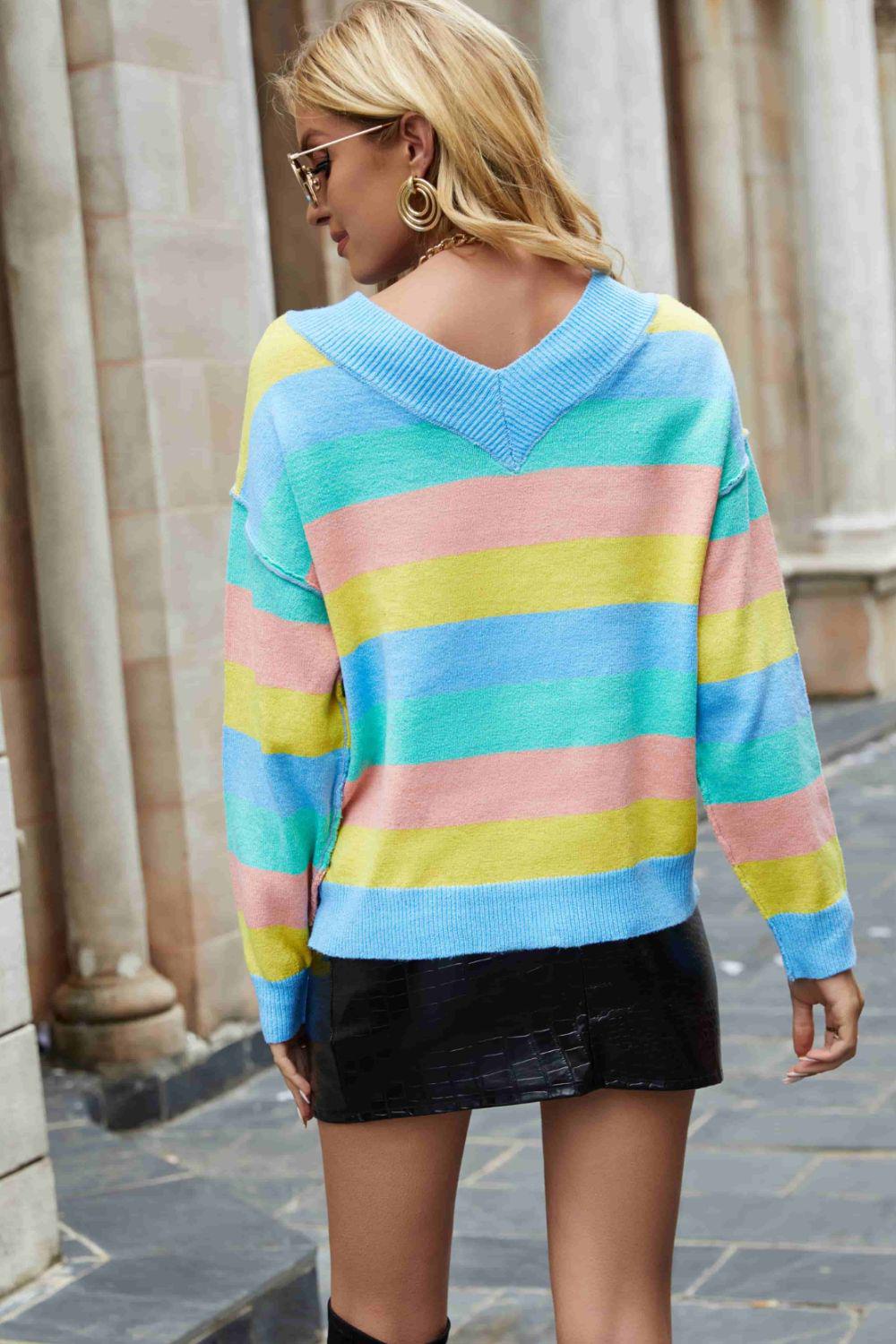 Rainbow Stripe Exposed Seam V-Neck Sweater BLUE ZONE PLANET